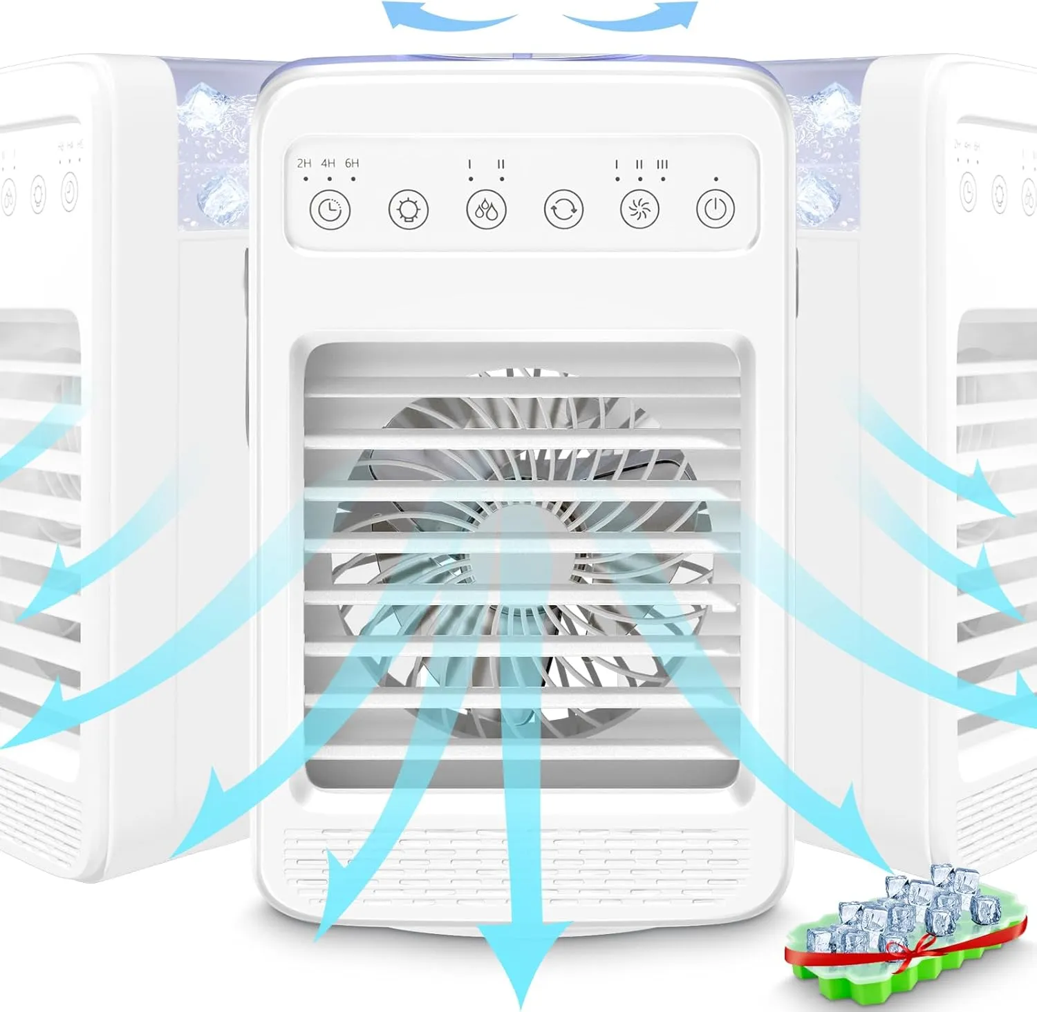 Portable Evaporative Air Cooler, Air Conditioners with Water Tank, Ice Cube Tray, 180° Oscillating, 4 In 1 Swamp Cooler with Timer, 4 Speeds 2 Cool Mist, Small Mini AC for Room Office