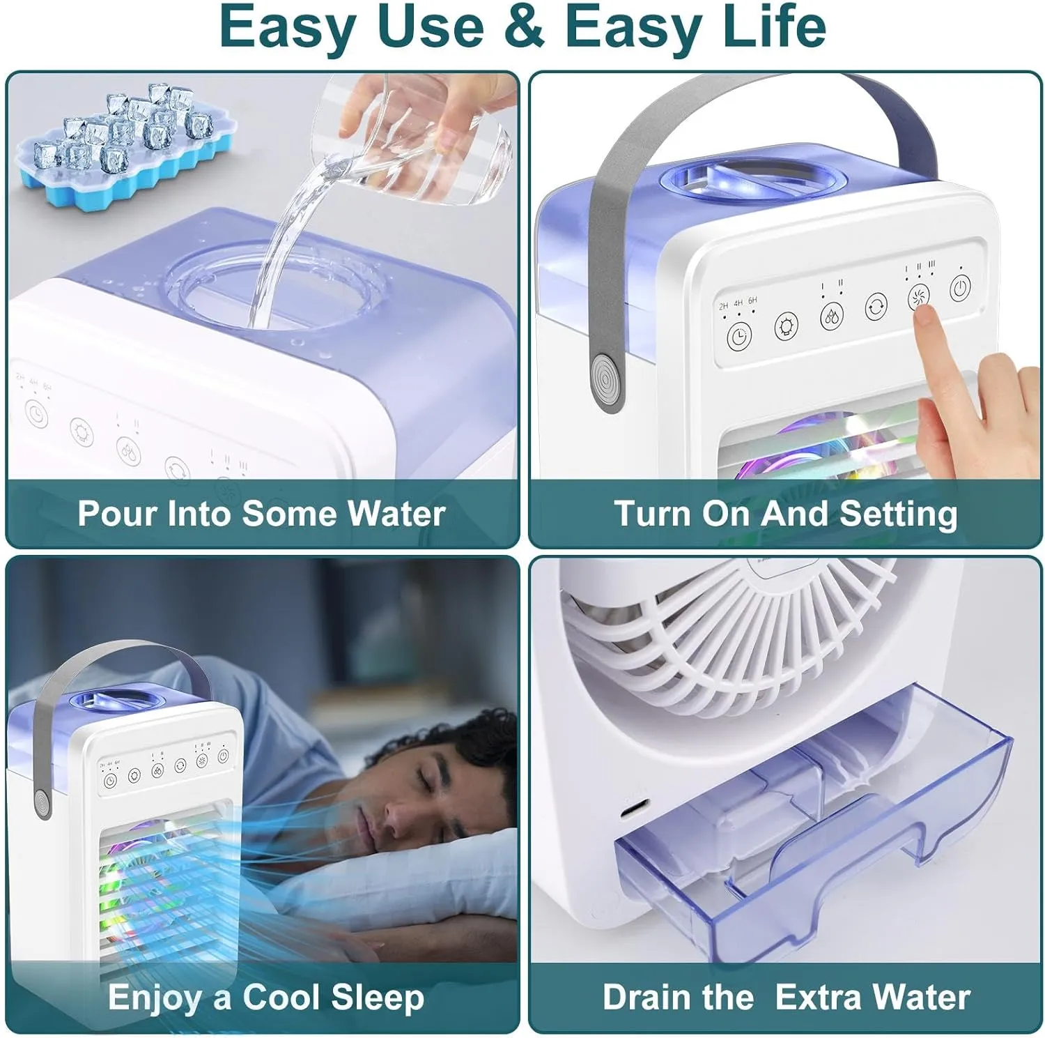 Portable Evaporative Air Cooler, Air Conditioners with Water Tank, Ice Cube Tray, 180° Oscillating, 4 In 1 Swamp Cooler with Timer, 4 Speeds 2 Cool Mist, Small Mini AC for Room Office