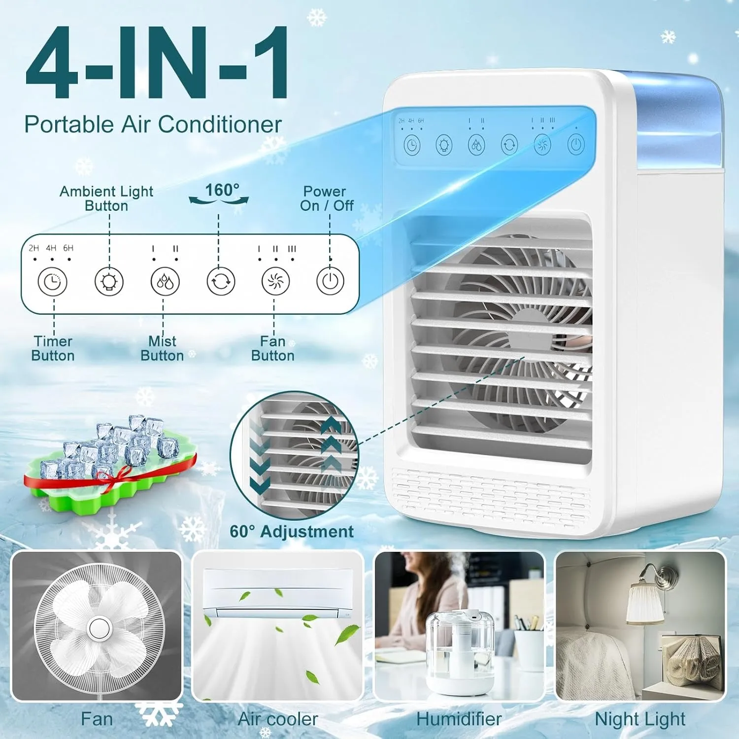 Portable Evaporative Air Cooler, Air Conditioners with Water Tank, Ice Cube Tray, 180° Oscillating, 4 In 1 Swamp Cooler with Timer, 4 Speeds 2 Cool Mist, Small Mini AC for Room Office
