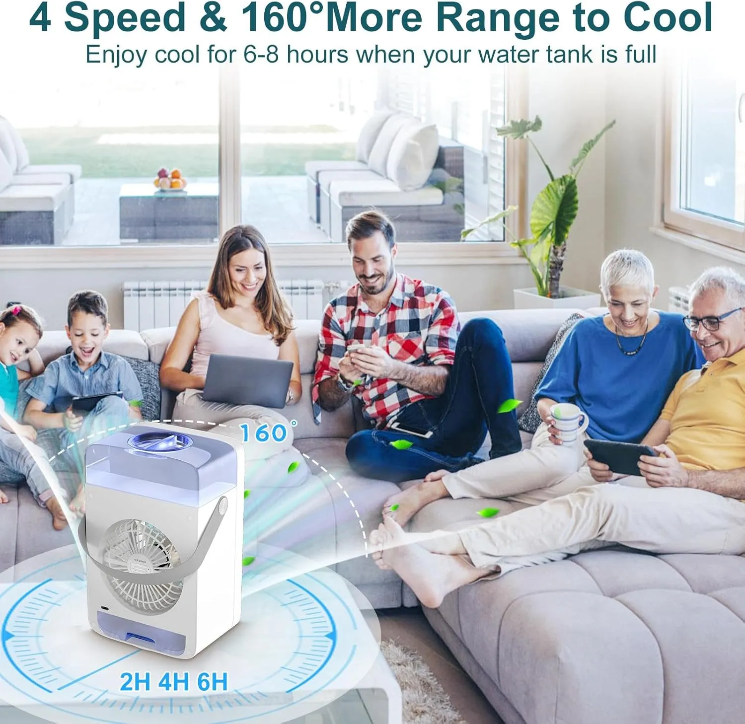 Portable Evaporative Air Cooler, Air Conditioners with Water Tank, Ice Cube Tray, 180° Oscillating, 4 In 1 Swamp Cooler with Timer, 4 Speeds 2 Cool Mist, Small Mini AC for Room Office