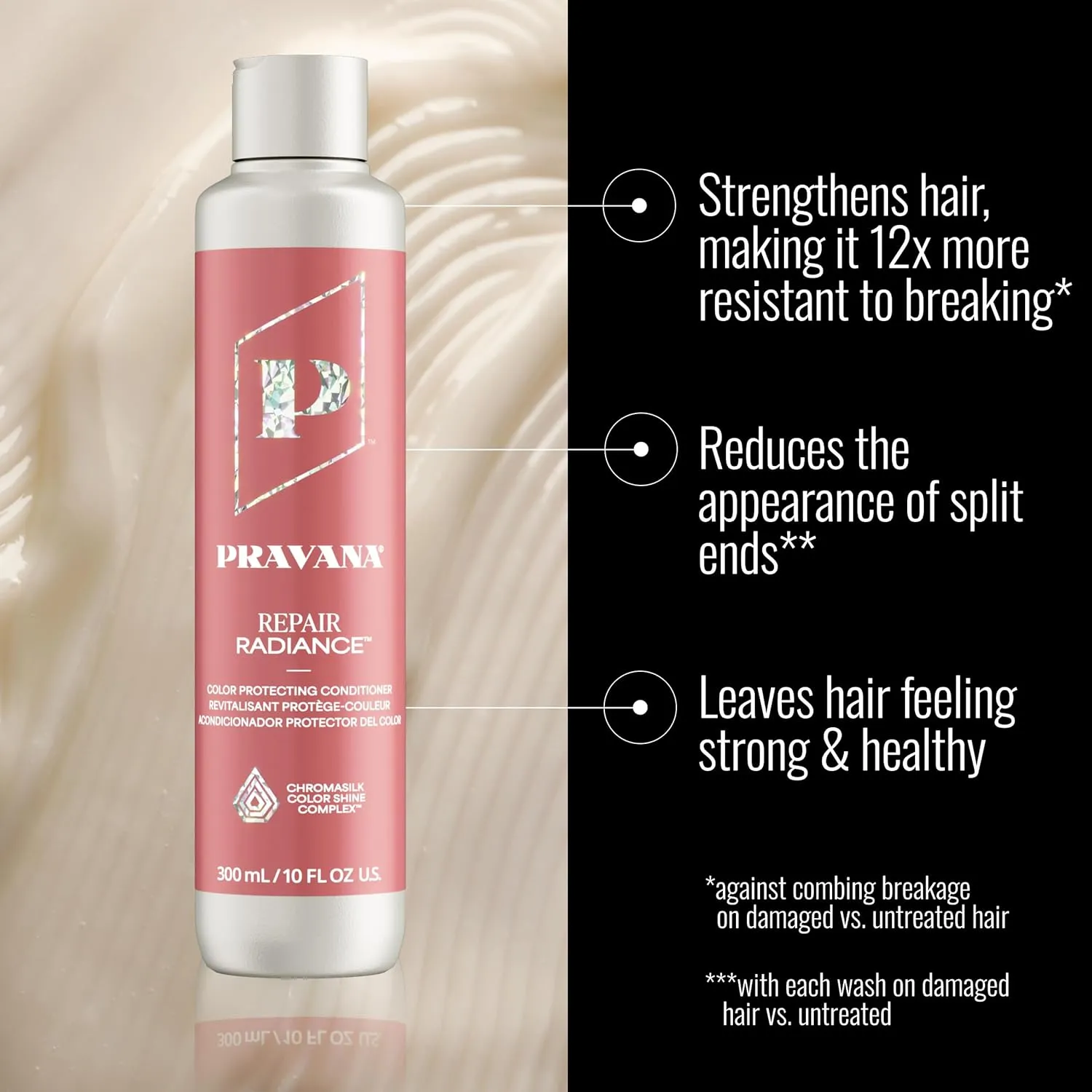 Pravana Repair Radiance Conditioner | Strengthens, Protects, Restores | For Damaged, Color Treated Hair | Reduces Breakage & Split Ends | Chromasilk Enhances Shine & Protection | Vegan | Paraben Free
