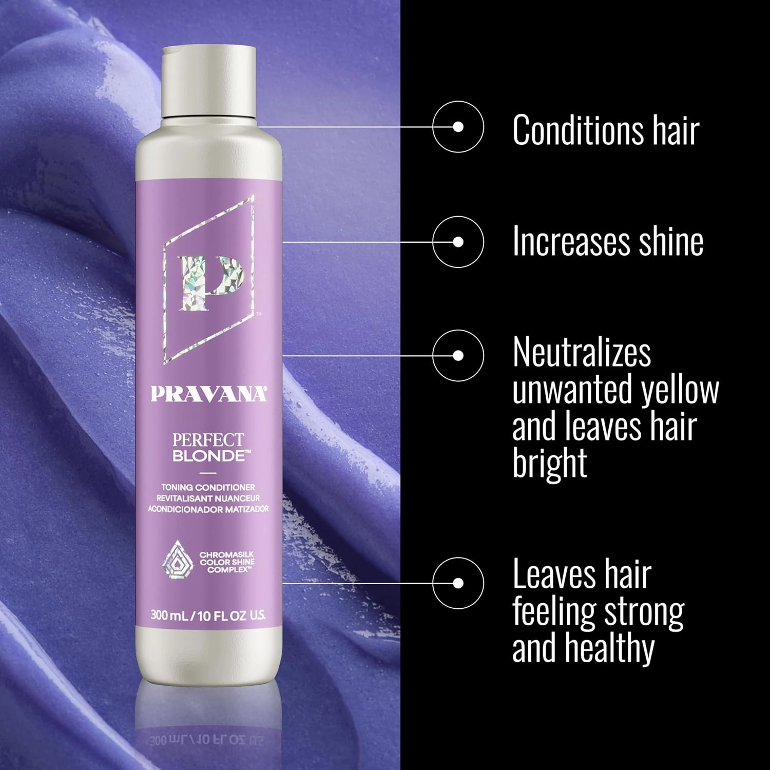 PRAVANA The Perfect Blonde Purple Toning Conditioner | Neutralizes Brassy, Yellow Tones | For Color Treated Hair | Chromasilk Enhances Shine & Protection | Vegan, Cruelty-Free | Paraben & Sulfate Free