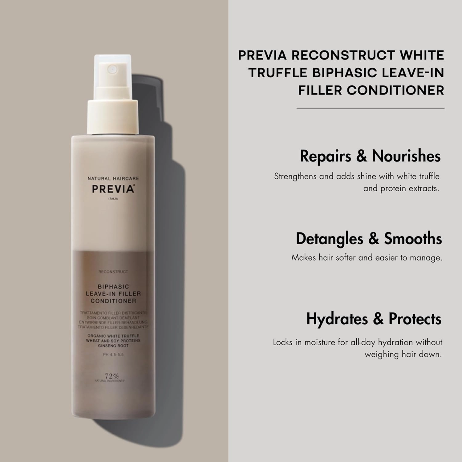 PREVIA Hydrating Leave-in Conditioner Spray with White Truffle Extract - Reconstructive Biphasic Detangling Treatment for Damaged, Dry, and Brittle Hair - Tames Frizz & Controls Static 6.7Floz
