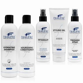 Professional Hair Salon Set for Sensitive Skin 8/12 oz/ea (5-Pack Gift Set) - Shampoo-Conditioner-Detangler-Styling Gel-Finishing Spray - Soothing Wash and Set - No Sulfate No Fragrance Vegan