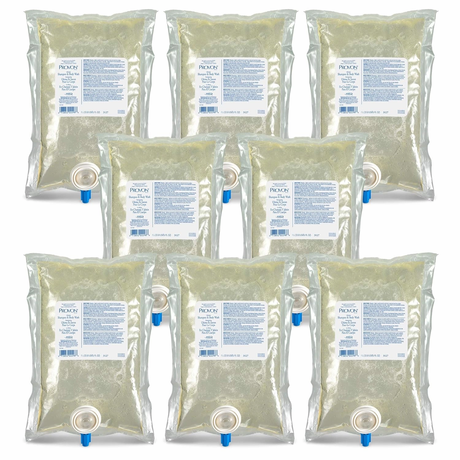 PROVON NXT Ultimate Shampoo and Body Wash, Light Herbal Fragrance, 1000 mL Wash Refill for PROVON NXT Push-Style Dispenser (Pack of 8) - 3127-08