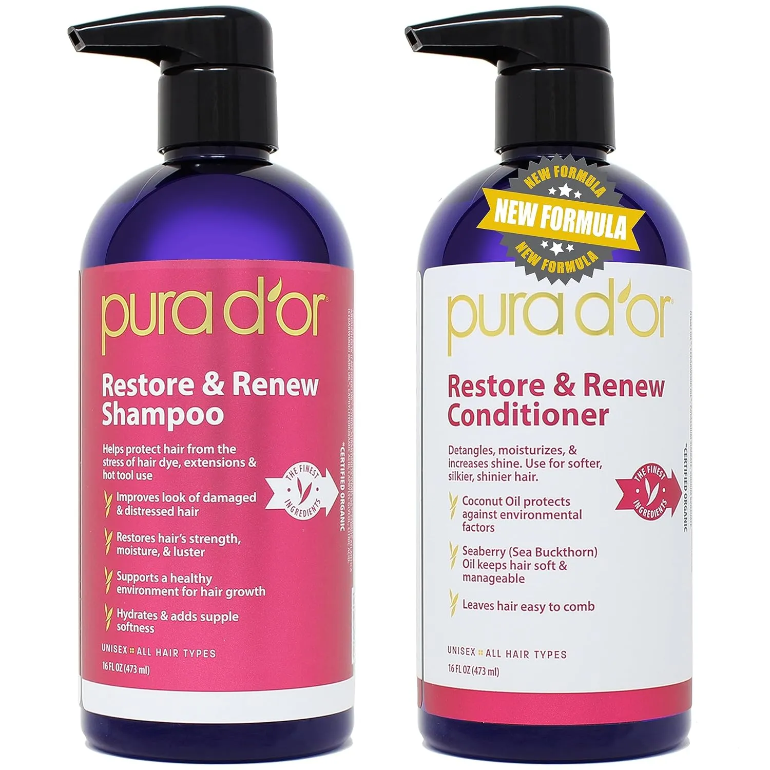 PURA D'OR Restore & Renew Shampoo and Conditioner Set for Strong, Healthy, and Nourished Hair with Organic Aloe Vera, Rosemary, Sea Buckthorn, Cacay, Coconut, Seaberry & Cedarwood