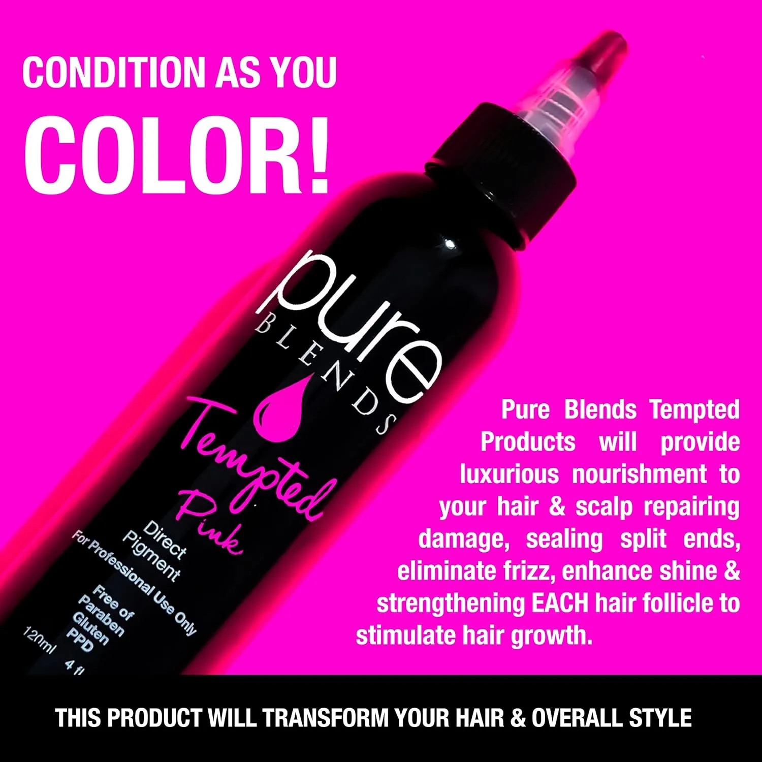 Pure Blends™ Tempted Pink Direct Dye – Semi-Permanent Hair Color for Pre-Lightened Hair – Bright Vivid Pink Color – Long-Lasting, Conditioner-Infused Formula – Vegan, Ammonia & Sulfate Free 4 oz