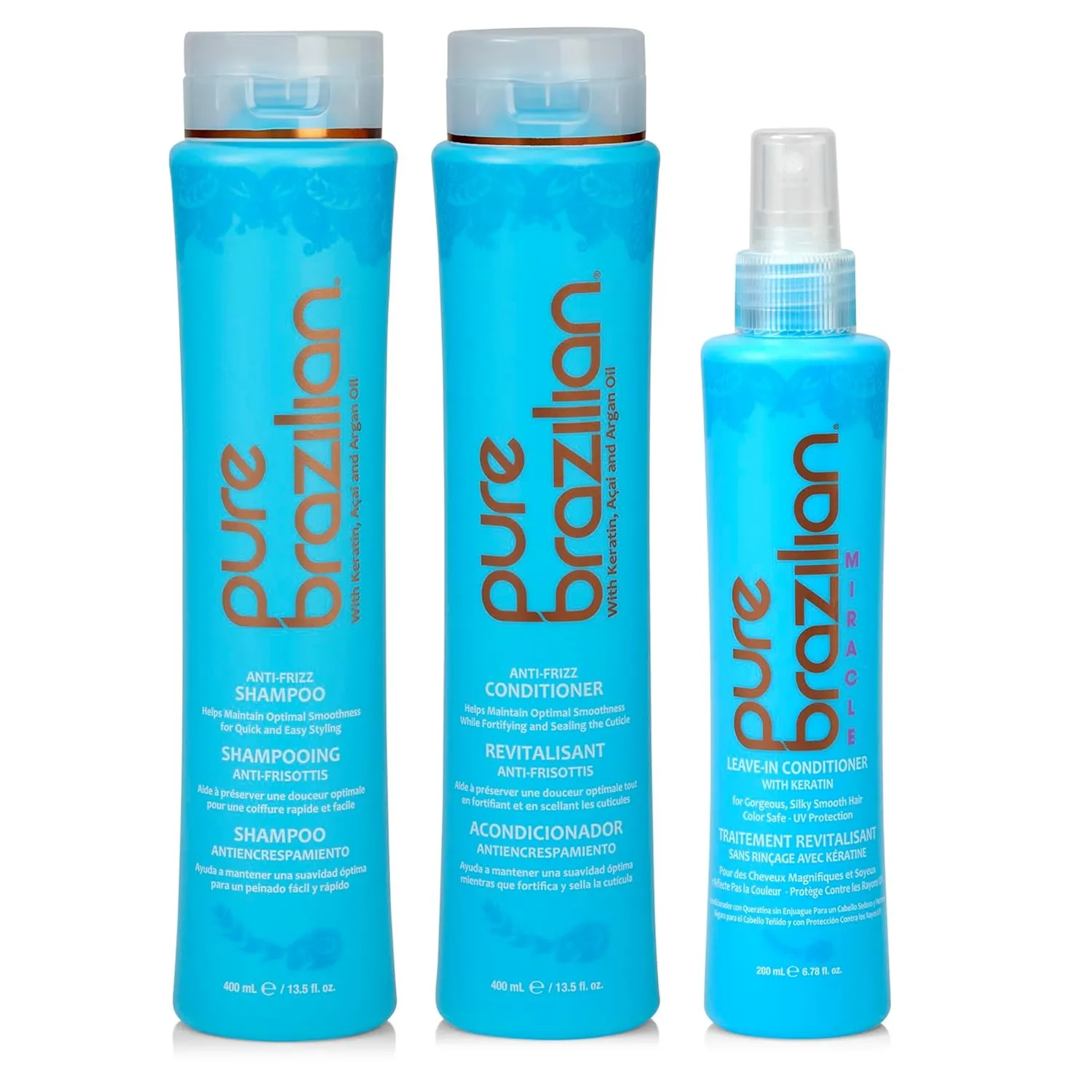 Pure Brazilian 3-Piece Daily Essentials Kit: Anti-Frizz Shampoo, Conditioner & Miracle Leave-In Conditioner with Keratin, Cocoa Butter & Bulgarian Rose Wate