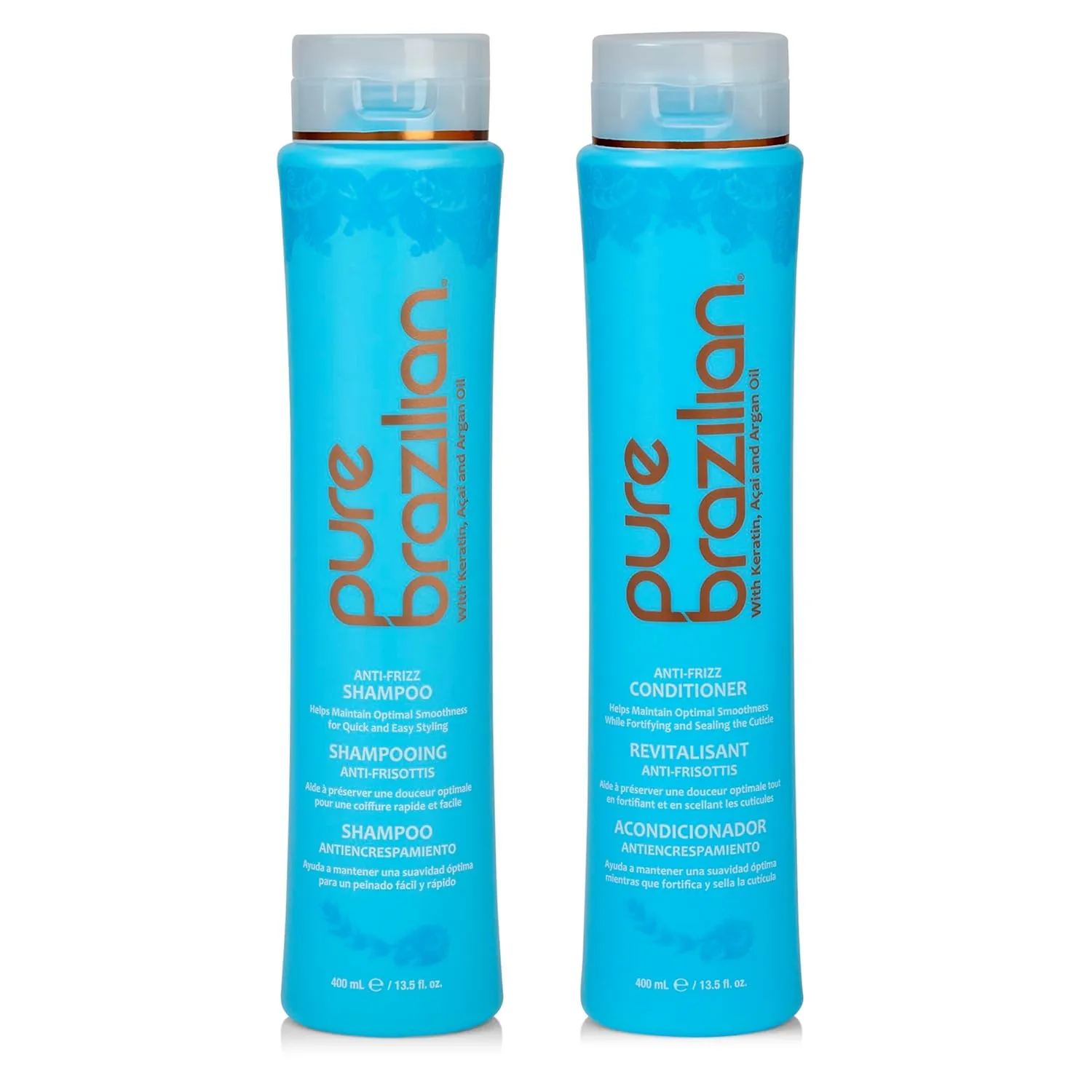 Pure Brazilian Anti-Frizz Daily Shampoo & Conditioner, Salt-Free & Color Safe, Enriched with Keratin, Argan Oil & Acai, 13.5 Ounce (400 Milliliter)