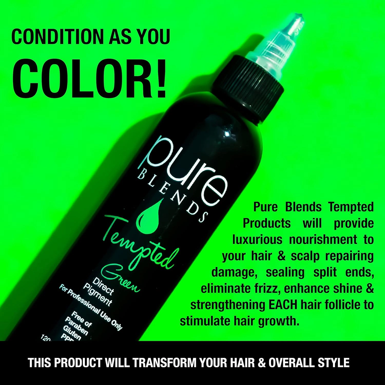 Pure Blends™ Tempted Green Hair Color – Semi-Permanent Vivid Green Direct Dye for Bleached or Blonde Hair – Vegan, Ammonia-Free, Plant-Based Pigment – 4 oz Bottle