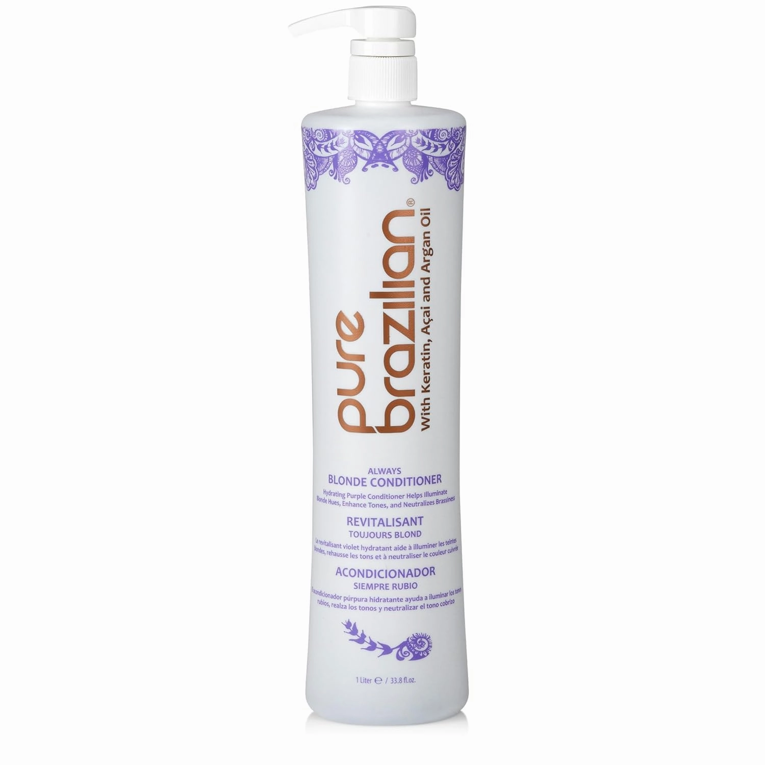 Pure Brazilian Always Blonde Conditioner with Keratin, Acai & Argan Oil, Purple Conditioner for Color-Treated Hair, Sulfate-Free, 33.8 Fl Oz