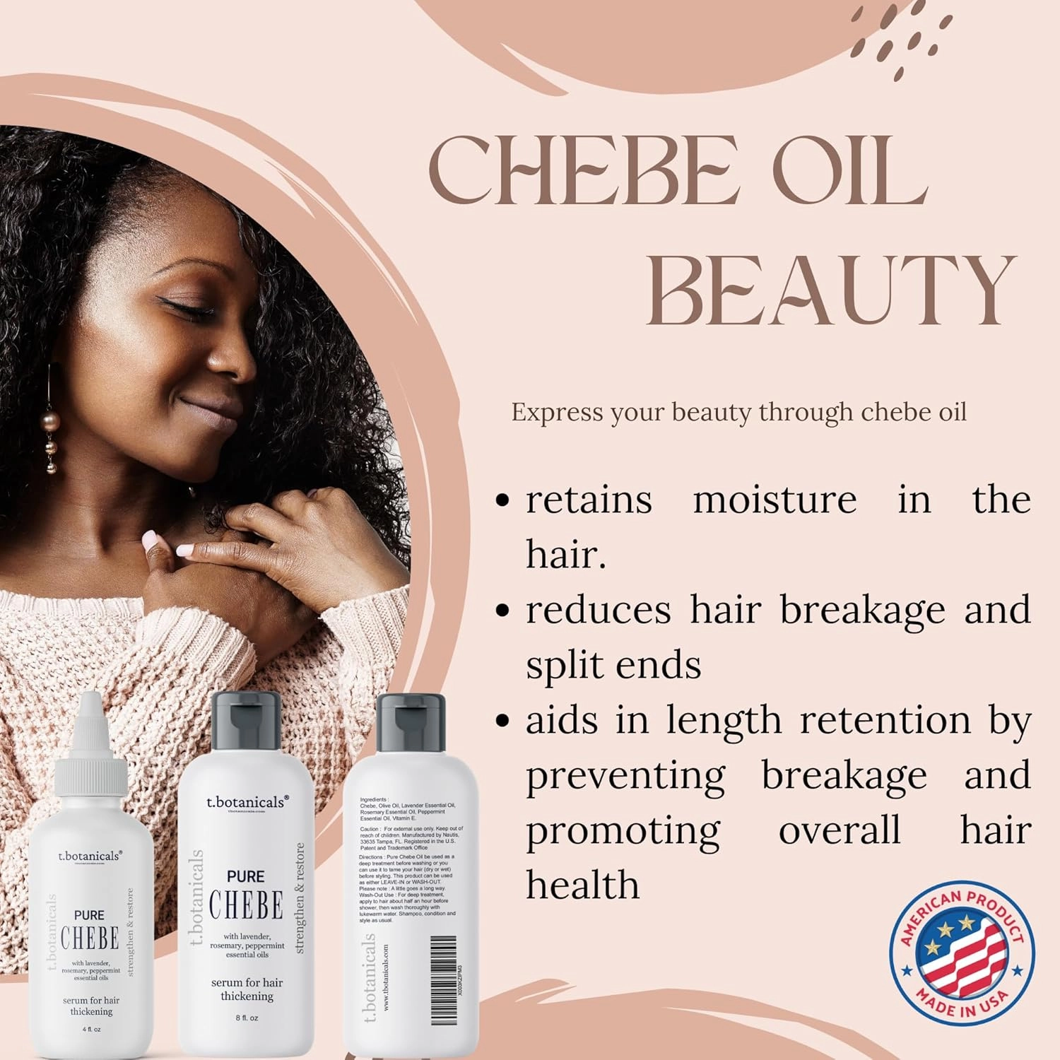 Pure Chebe Serum with Lavender, Rosemary, Peppermint Essential Oils - Hair Growth Formula (4 oz.)