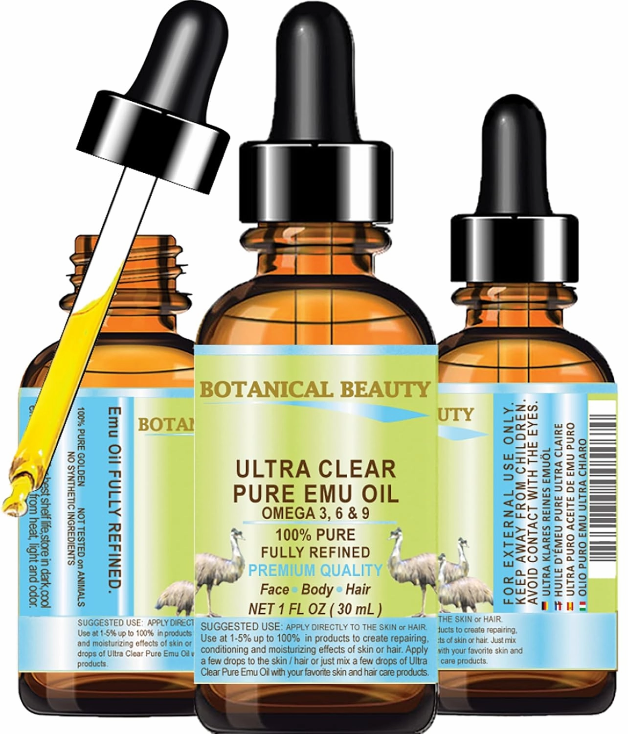 PURE EMU OIL 100% Natural RAW VIRGIN UNREFINED for FACE, BODY, HANDS, FEET, NAILS, HAIR and LIP CARE 1 Fl. oz. - 30 ml by Botanical Beauty