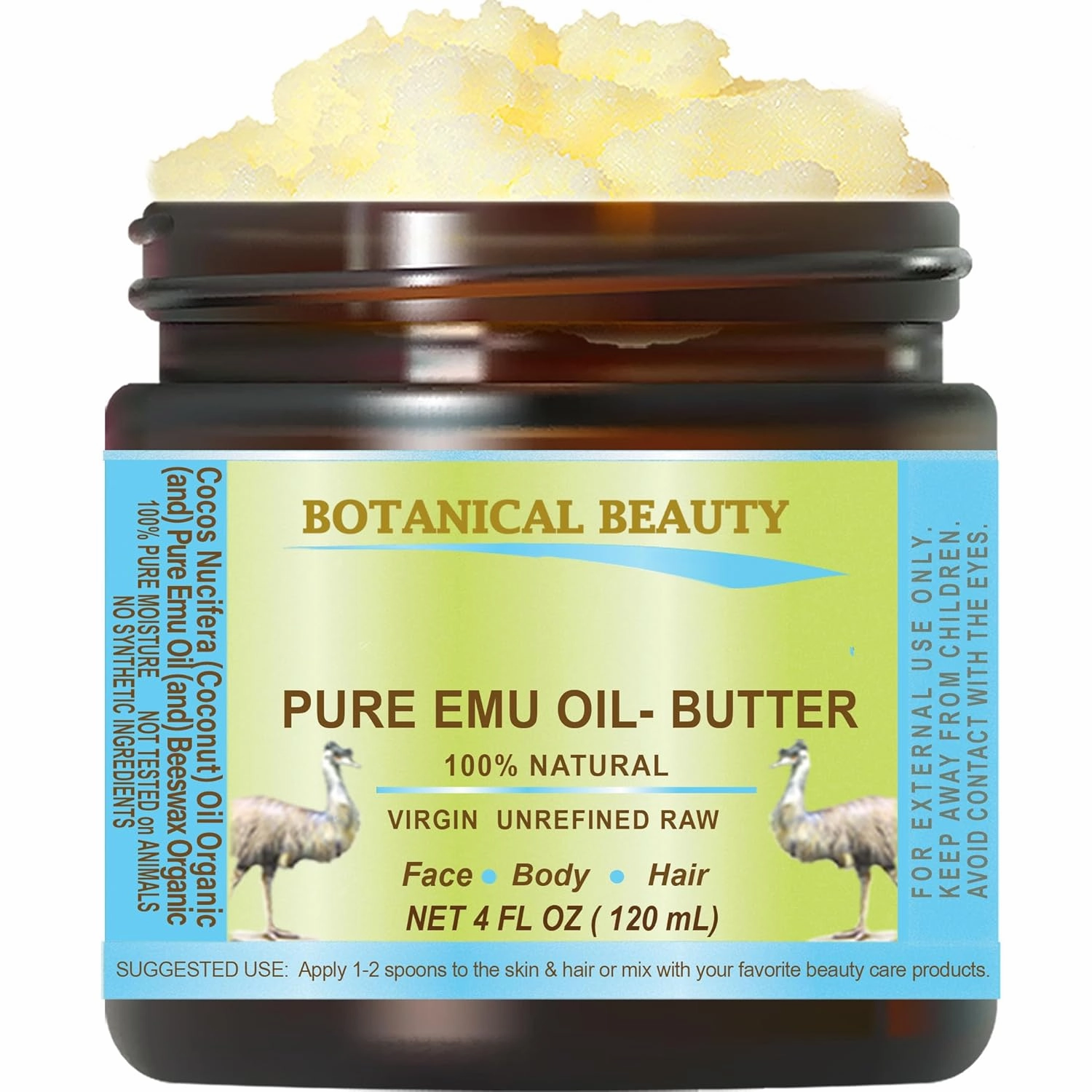 PURE EMU OIL BUTTER 100% Natural RAW VIRGIN UNREFINED for FACE, BODY, HANDS, FEET, NAILS, HAIR and LIP CARE 4 Fl. oz. - 120 ml by Botanical Beauty
