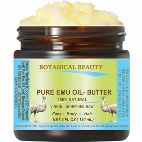 PURE EMU OIL BUTTER 100% Natural RAW VIRGIN UNREFINED for FACE, BODY, HANDS, FEET, NAILS, HAIR and LIP CARE 4 Fl. oz. - 120 ml by Botanical Beauty