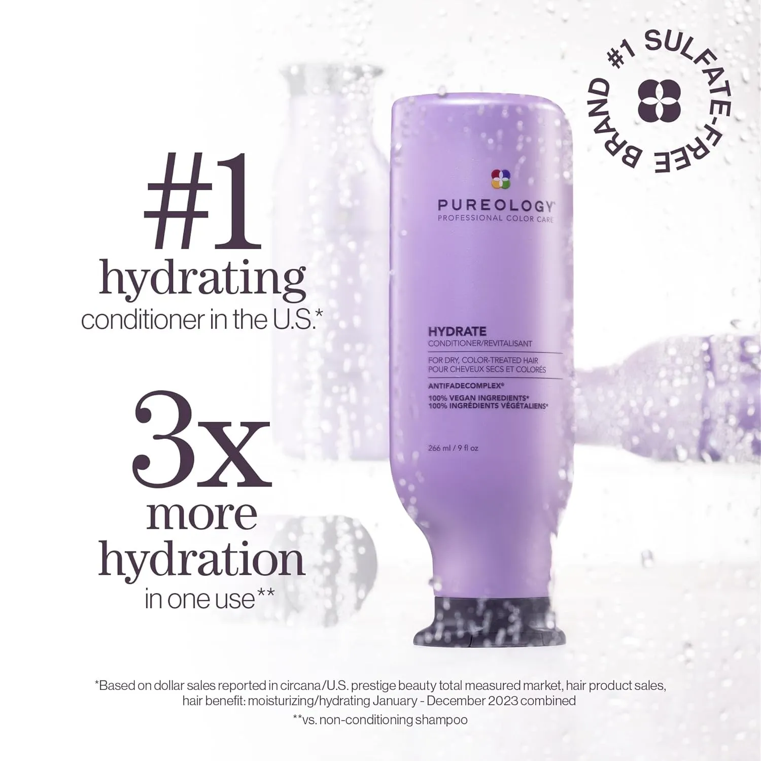 Pureology Hydrate Conditioner - For Dry and Color-Treated Hair, Moisturizes Hair & Protects Color, Sulfate-Free & Vegan