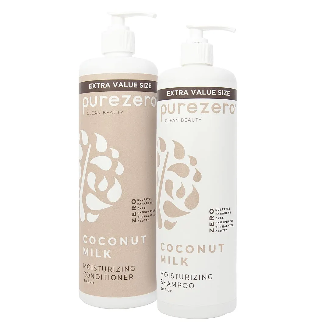 Purezero 20 Oz Value Pack Coconut Milk Shampoo & Conditioner Set, Bulk Pack, Intense Hydration & Increase Shine, Fight Dandruff & Frizz, Zero Sulfates, Parabens, Dyes,100% Vegan & Cruelty-Free
