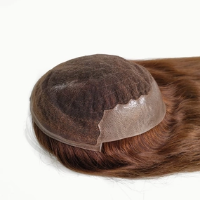 Q6 Swiss Lace PU Thin Skin Back Sides Women Toupee with Human Hair Piece System Size 7"×9" Hair Length 16 Inch Brown 4#