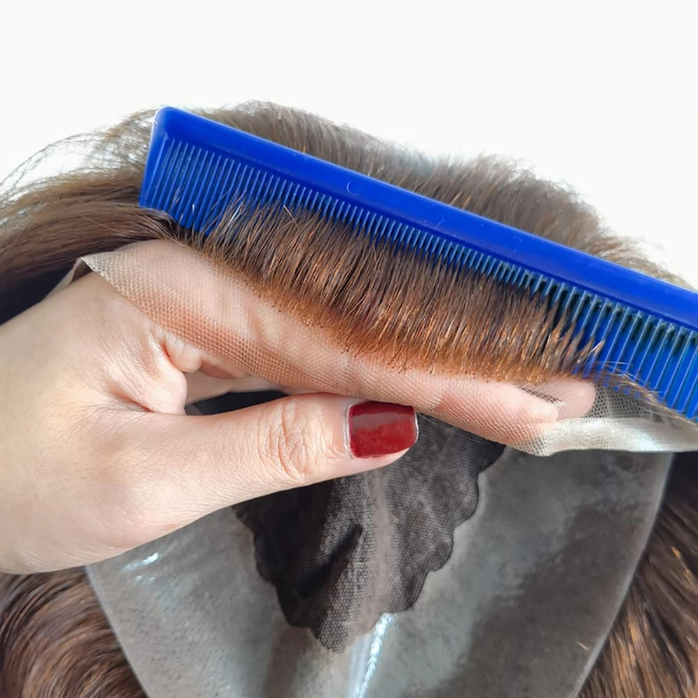 Q6 Swiss Lace PU Thin Skin Back Sides Women Toupee with Human Hair Piece System Size 7"×9" Hair Length 16 Inch Brown 4#