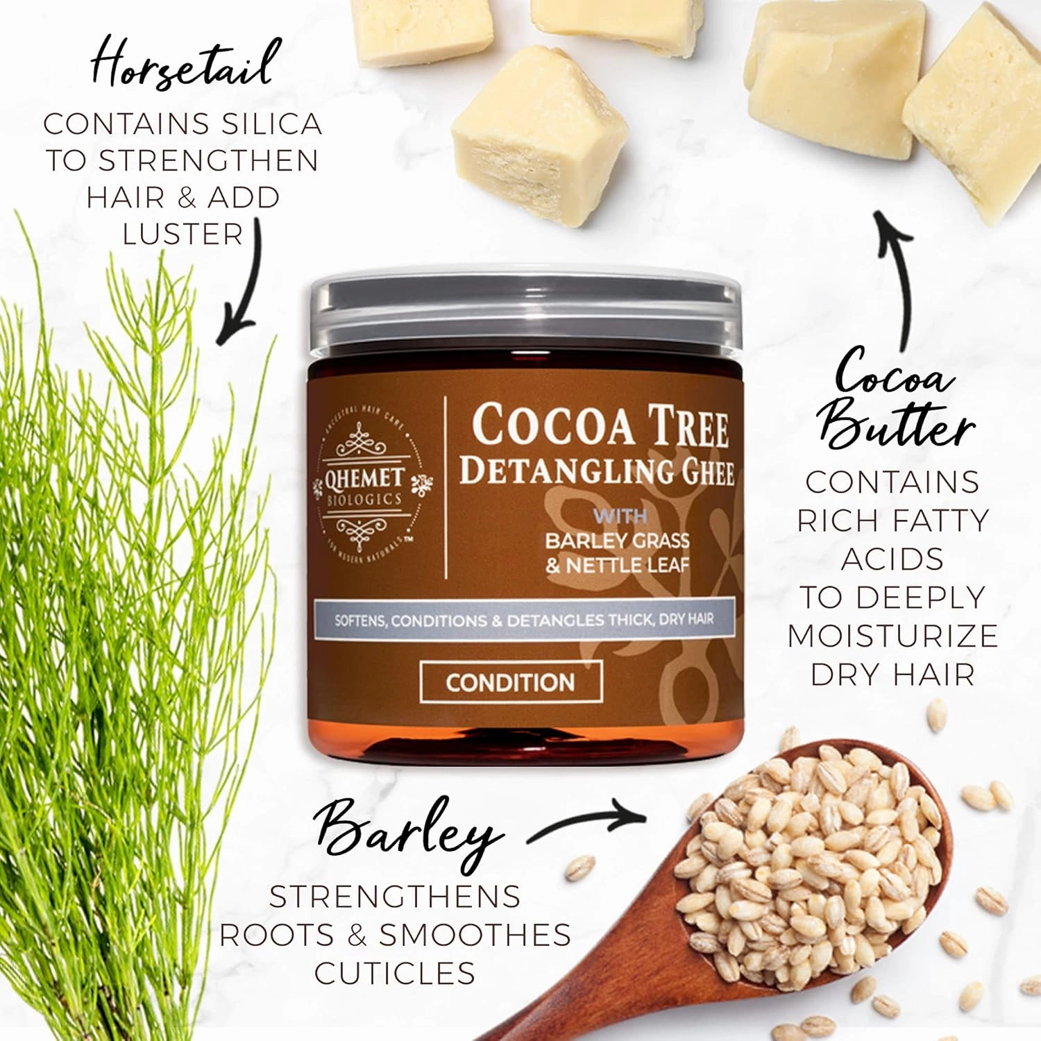 Qhemet Biologics Cocoa Tree Detangling Ghee - Softening Detangler Ideal for High Porosity 4C-3C Hair - Makes Combing Easier & Restores Pliability, Elasticity & Softness to Dry, Matted Hair (9 oz)