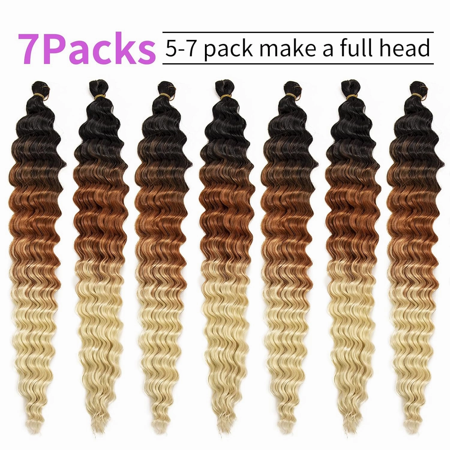 QRHSUKA Curly Braiding Hair 30Inch Ocean Wave Crochet Hair 7Packs Curly Crochet Hair Wet and Wavy Braiding Hair Synthetic Crochet Hair for Women (30 Inch (Pack of 7), 1B/30/613)