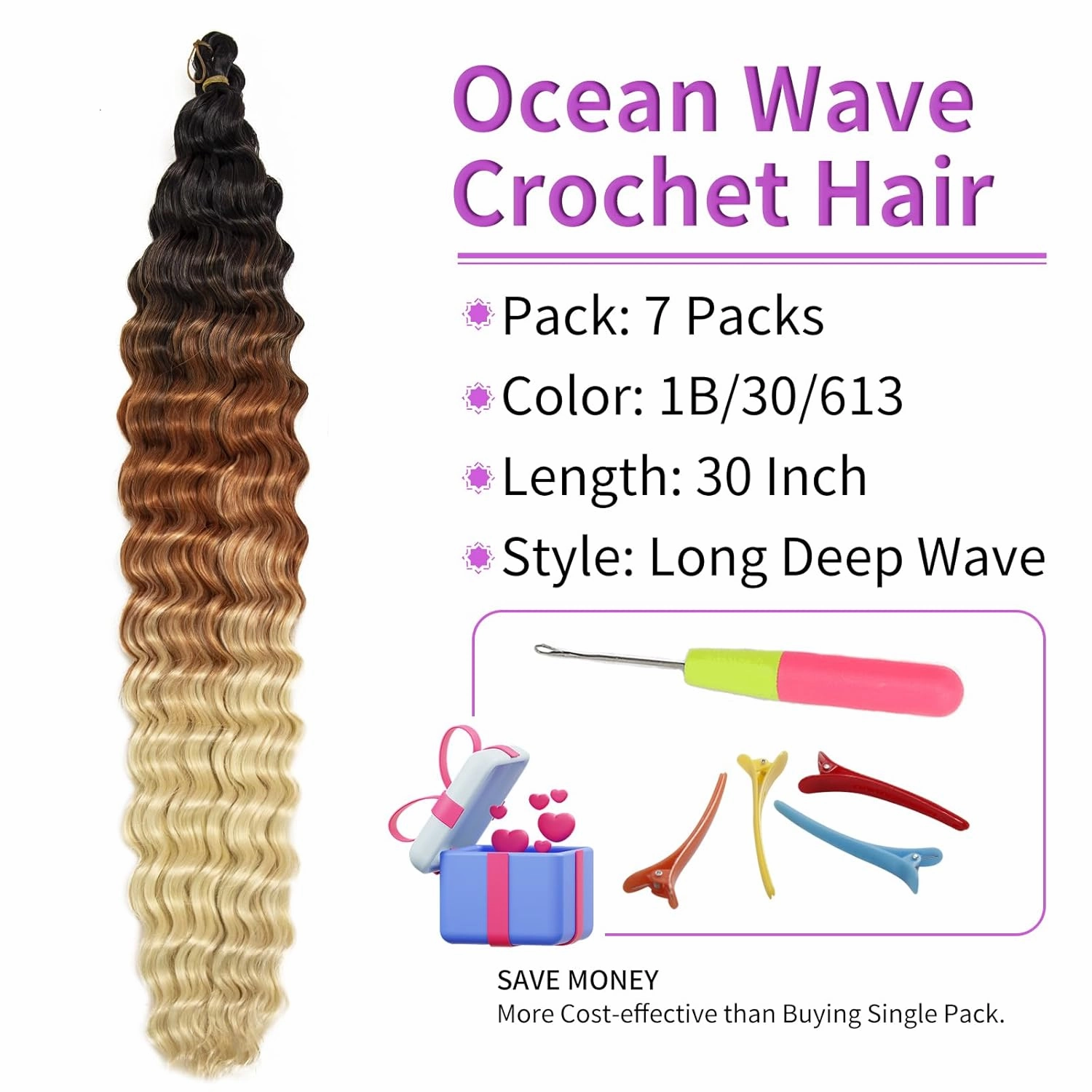 QRHSUKA Curly Braiding Hair 30Inch Ocean Wave Crochet Hair 7Packs Curly Crochet Hair Wet and Wavy Braiding Hair Synthetic Crochet Hair for Women (30 Inch (Pack of 7), 1B/30/613)