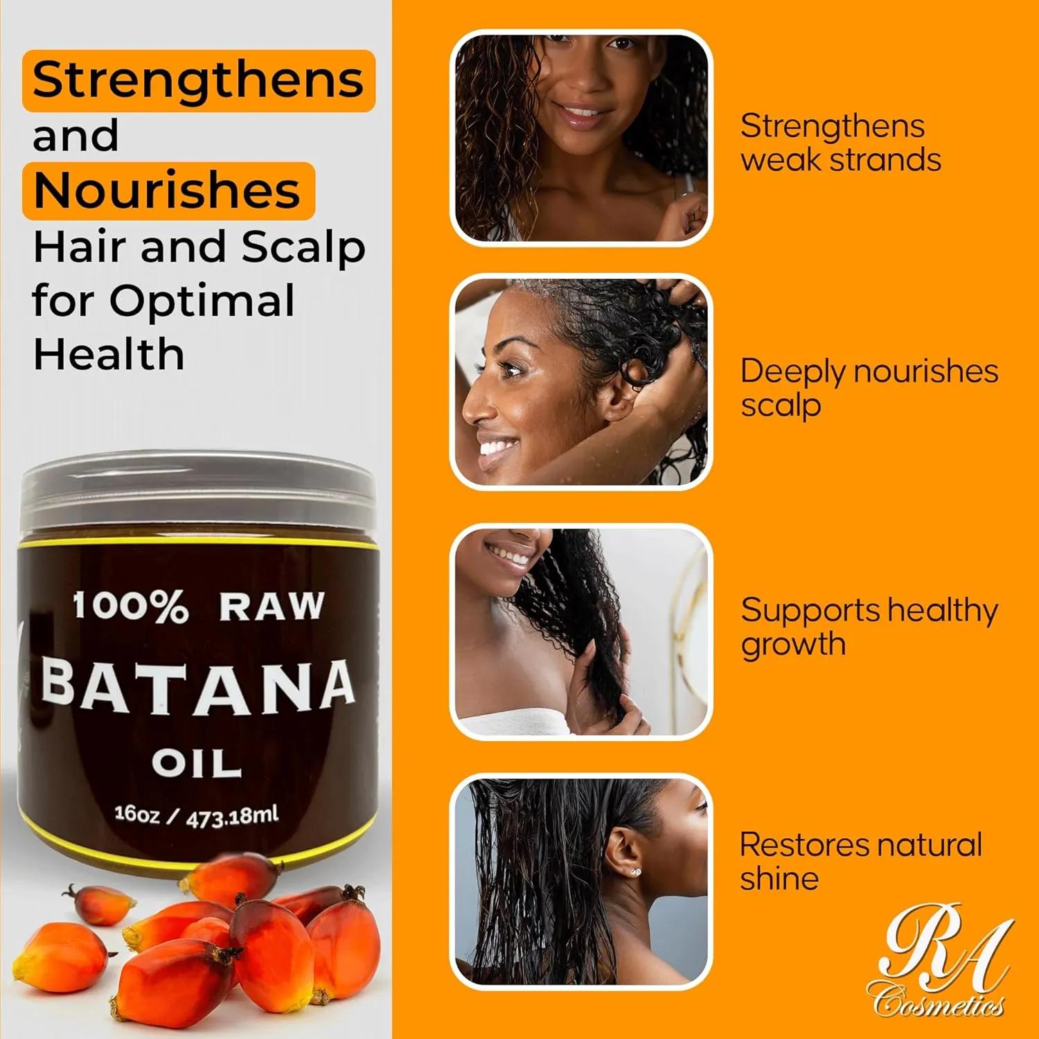 RA COSMETICS 100% Natural Unrefined Batana Hair Oil for Healthy Hair, 16 oz | Dr Sebi Batana Oil Hair Moisturizer for Damaged Hair Repair| Strengthening and Nourishing Hair Conditioner