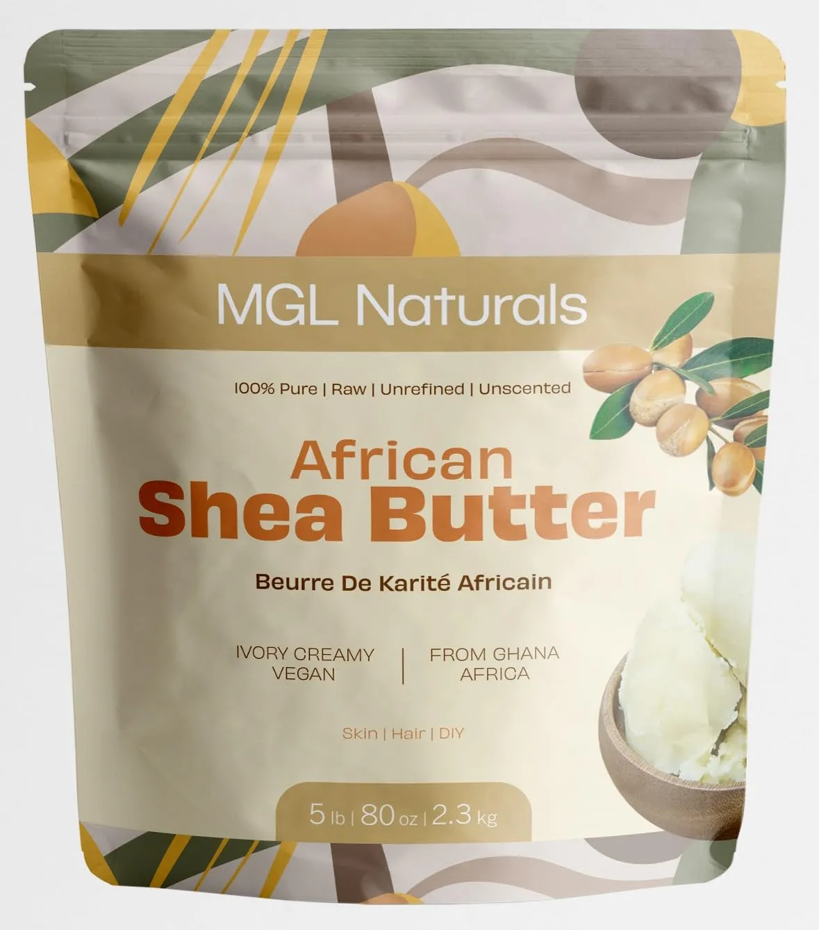 Raw African Shea Butter Ivory 5 lb bulk, 100% Pure, Raw and Unrefined. Nourish and moisturize. Use alone or DIY recipes. From Ghana, Africa. (5 lb)