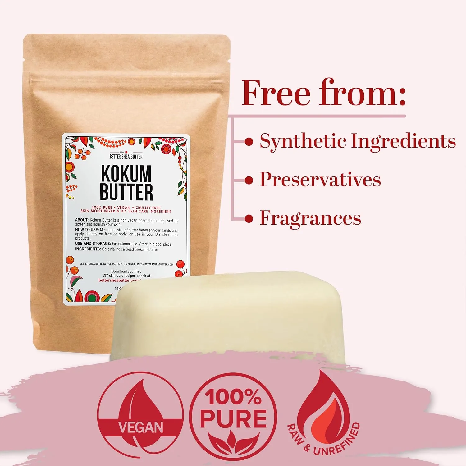Raw Kokum Butter Unrefined - Body Butter Bar for Soap Making and DIY Lotion, Skin and Hair Products - Pure, Unscented Moisturizer for Skin - Kokum Butter 1 lb Block