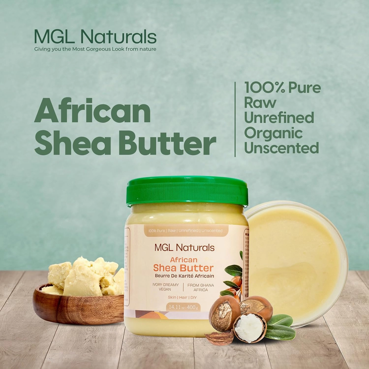 Raw African Shea Butter Ivory, 100% Pure, and Unrefined. Nourish and moisturize hair and skin. Use alone or DIY recipes. From Ghana, West Africa. 16oz in jar