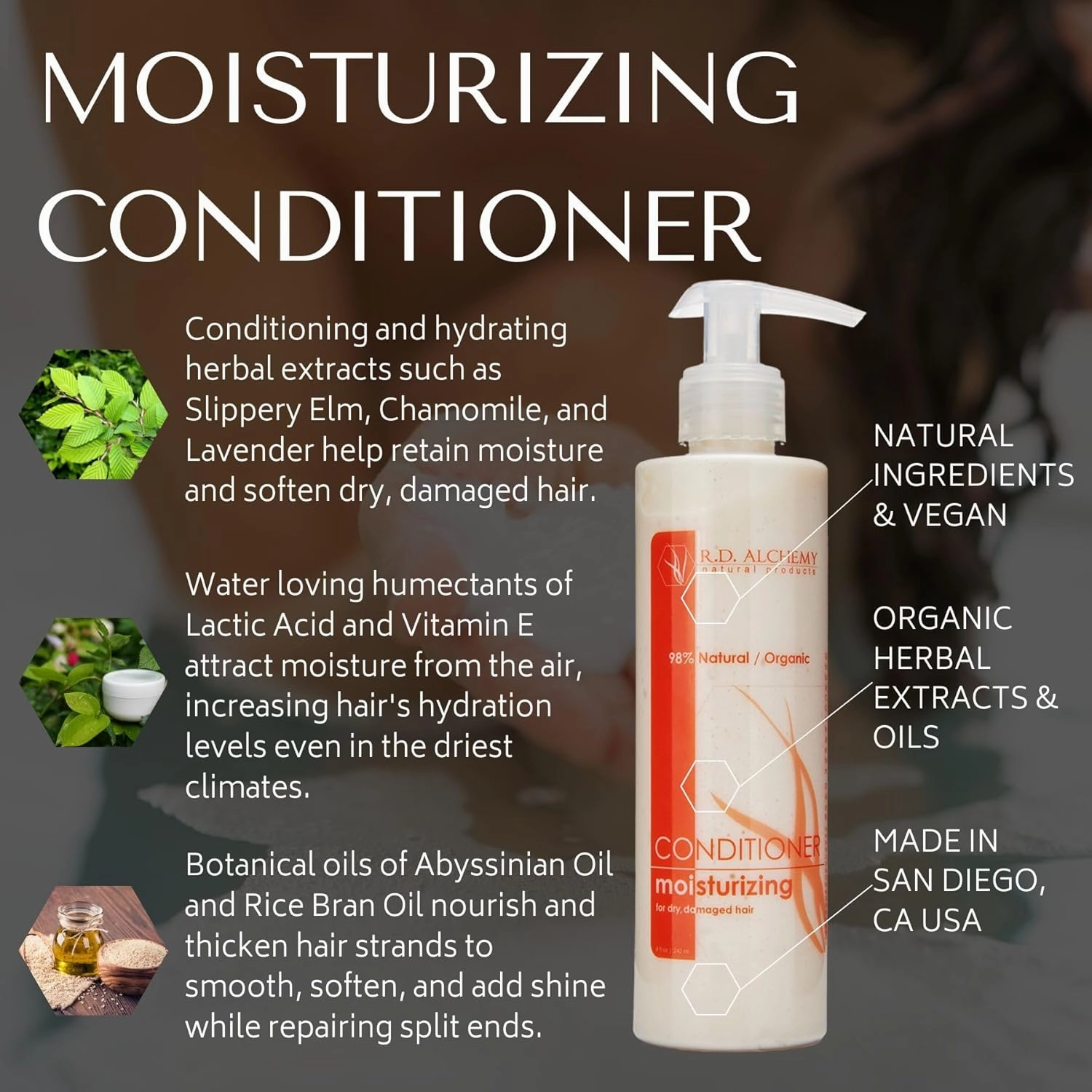 RD Alchemy - 98% Natural & Organic Moisturizing Conditioner. Silicone Free Hair Conditioner for Dry Damaged, Broken, & Frizzy Hair. Organic Oils & Herbs Moisturize, Repair & Soften
