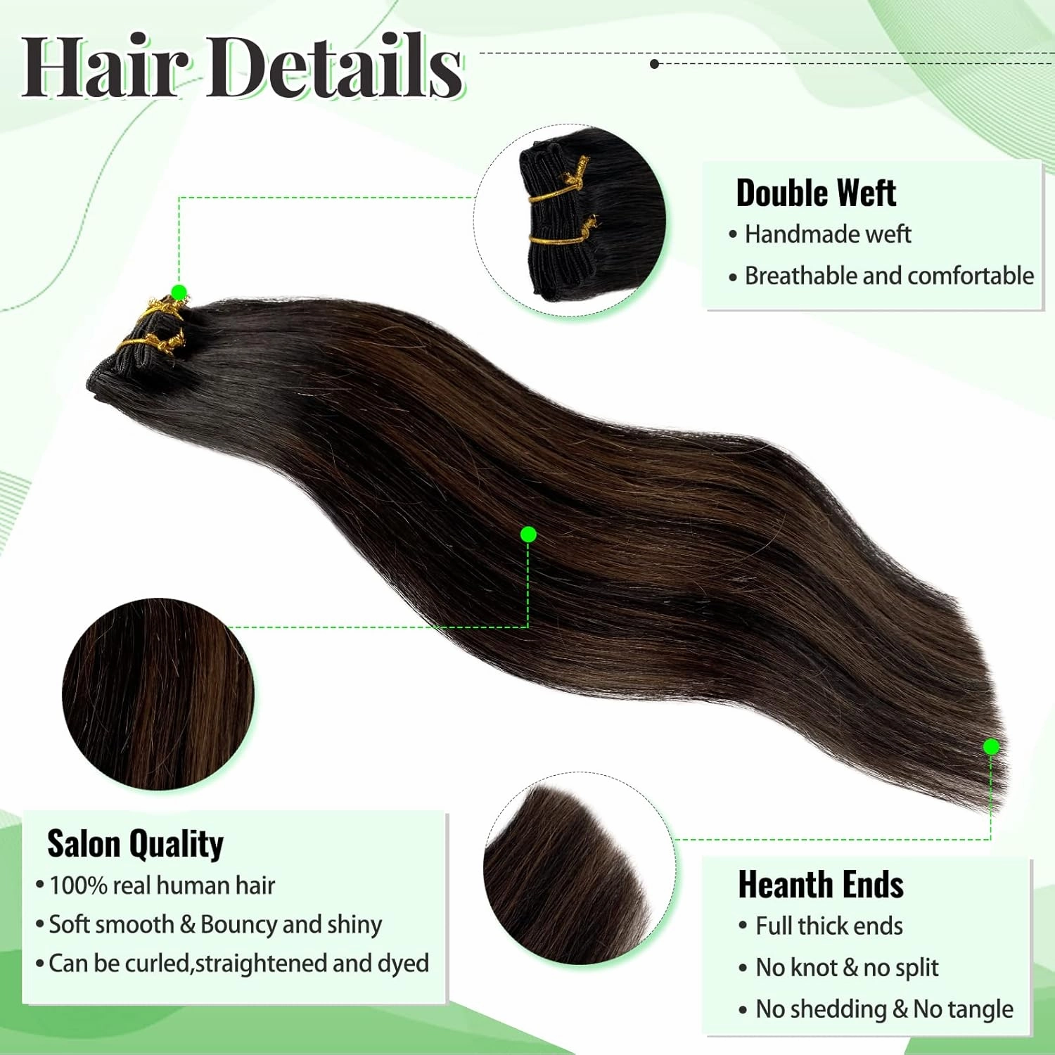 Real Human Hair Clip in Extensions, 14 Inch 70g 5pcs Balayage Natural Black to Brown, Long Straight Remy Double Weft Handmade