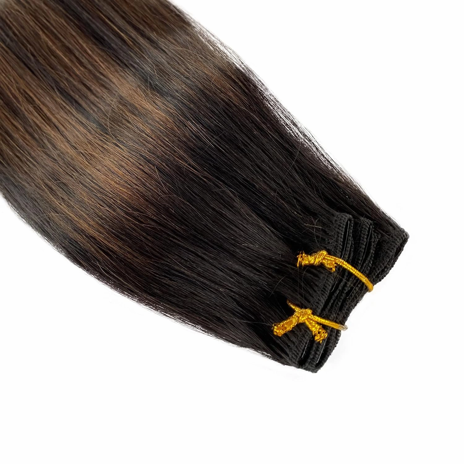 Real Human Hair Clip in Extensions, 14 Inch 70g 5pcs Balayage Natural Black to Brown, Long Straight Remy Double Weft Handmade