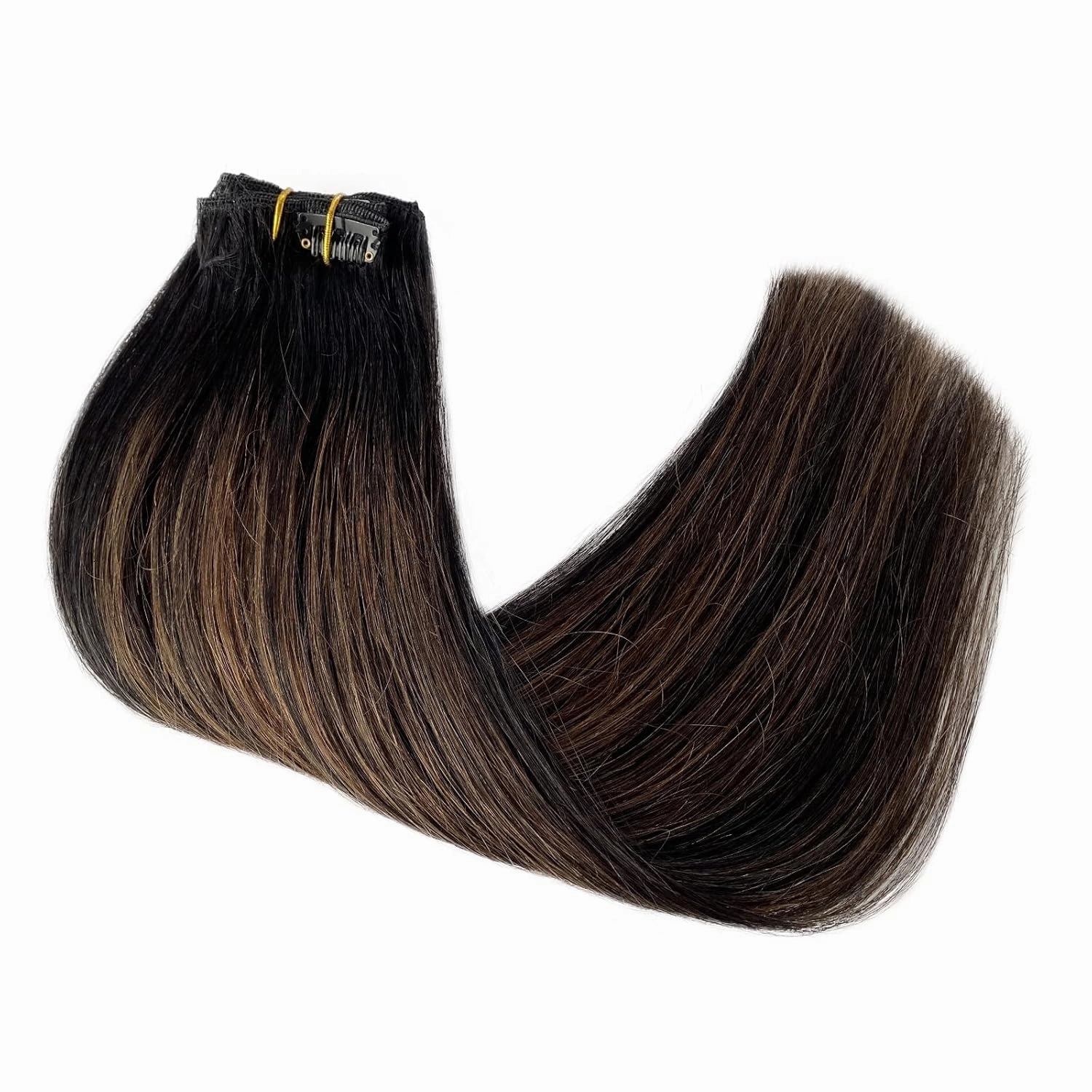 Real Human Hair Clip in Extensions, 14 Inch 70g 5pcs Balayage Natural Black to Brown, Long Straight Remy Double Weft Handmade