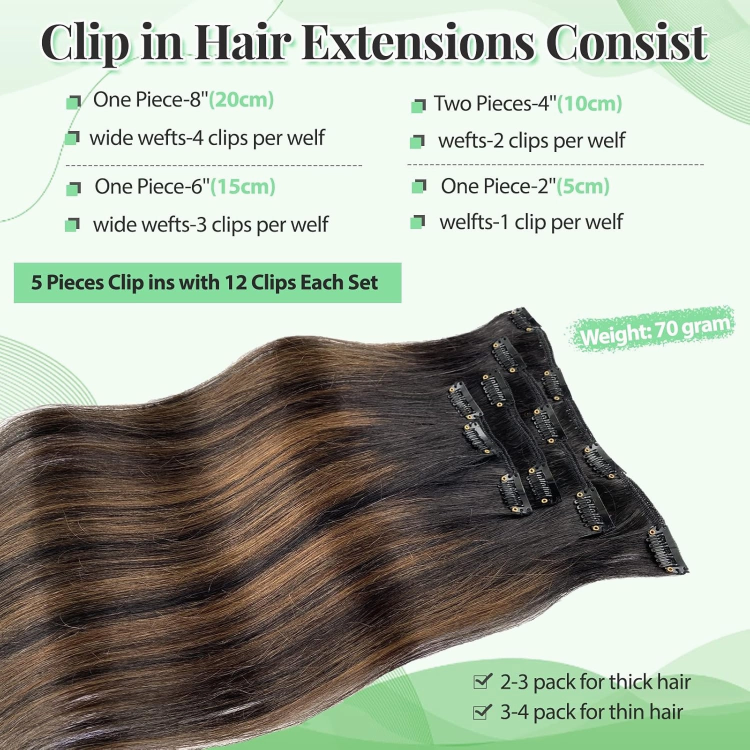 Real Human Hair Clip in Extensions, 14 Inch 70g 5pcs Balayage Natural Black to Brown, Long Straight Remy Double Weft Handmade