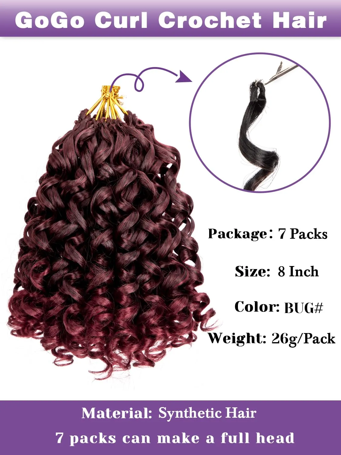 Red Burgundy Short Curly Crochet Hair for Women 7 Packs GoGo Curl Beach Water Wave Deep Twist Braids Synthetic Braiding Extensions 8 Inch Tbug#