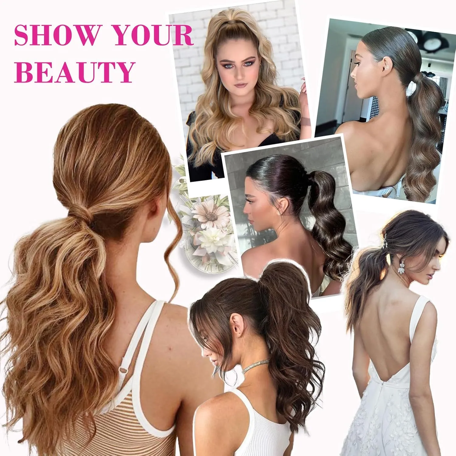 REECHO 14" Ponytail Extension, Claw Clip Ponytail Extension Fake Pony Tails Soft Wavy Multi Layered Clip in Hair Extensions Synthetic Hairpiece for Women HP002 - Ash Blonde with Highlights