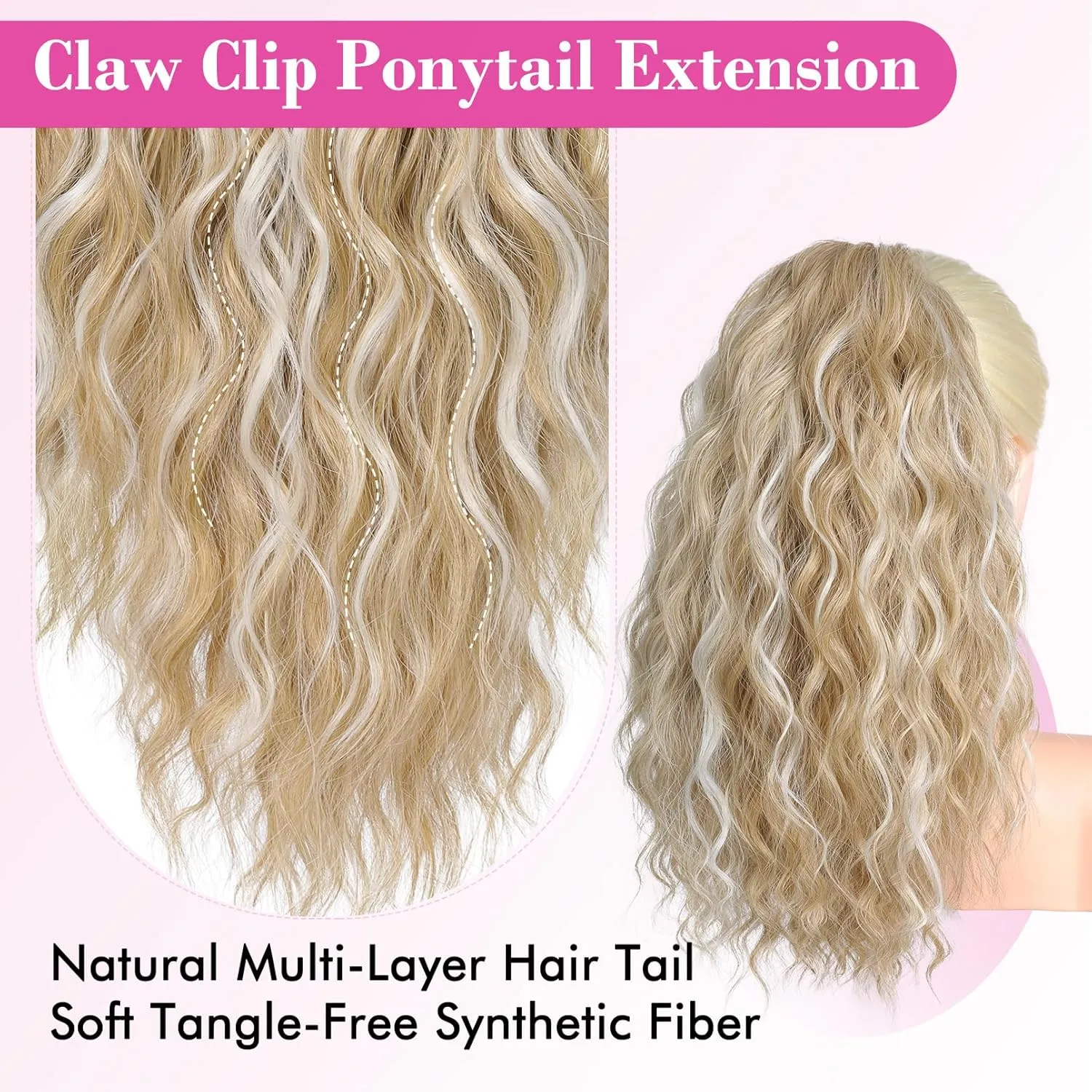 REECHO 14" Ponytail Extension, Claw Clip Ponytail Extension Fake Pony Tails Soft Wavy Multi Layered Clip in Hair Extensions Synthetic Hairpiece for Women HP002 - Ash Blonde with Highlights