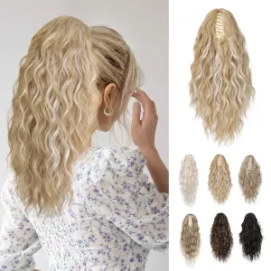 REECHO 14" Ponytail Extension, Claw Clip Ponytail Extension Fake Pony Tails Soft Wavy Multi Layered Clip in Hair Extensions Synthetic Hairpiece for Women HP002 - Ash Blonde with Highlights