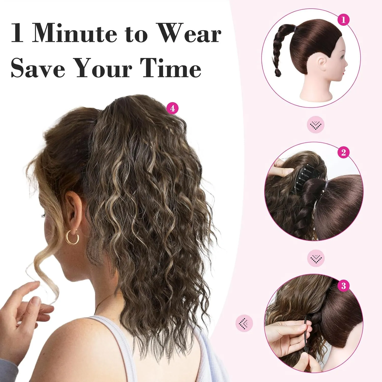 REECHO 14" Ponytail Extension, Claw Clip Ponytail Extension Fake Pony Tails Soft Wavy Multi Layered Clip in Hair Extensions Synthetic Hairpiece for Women HP002 - Ash Blonde with Highlights