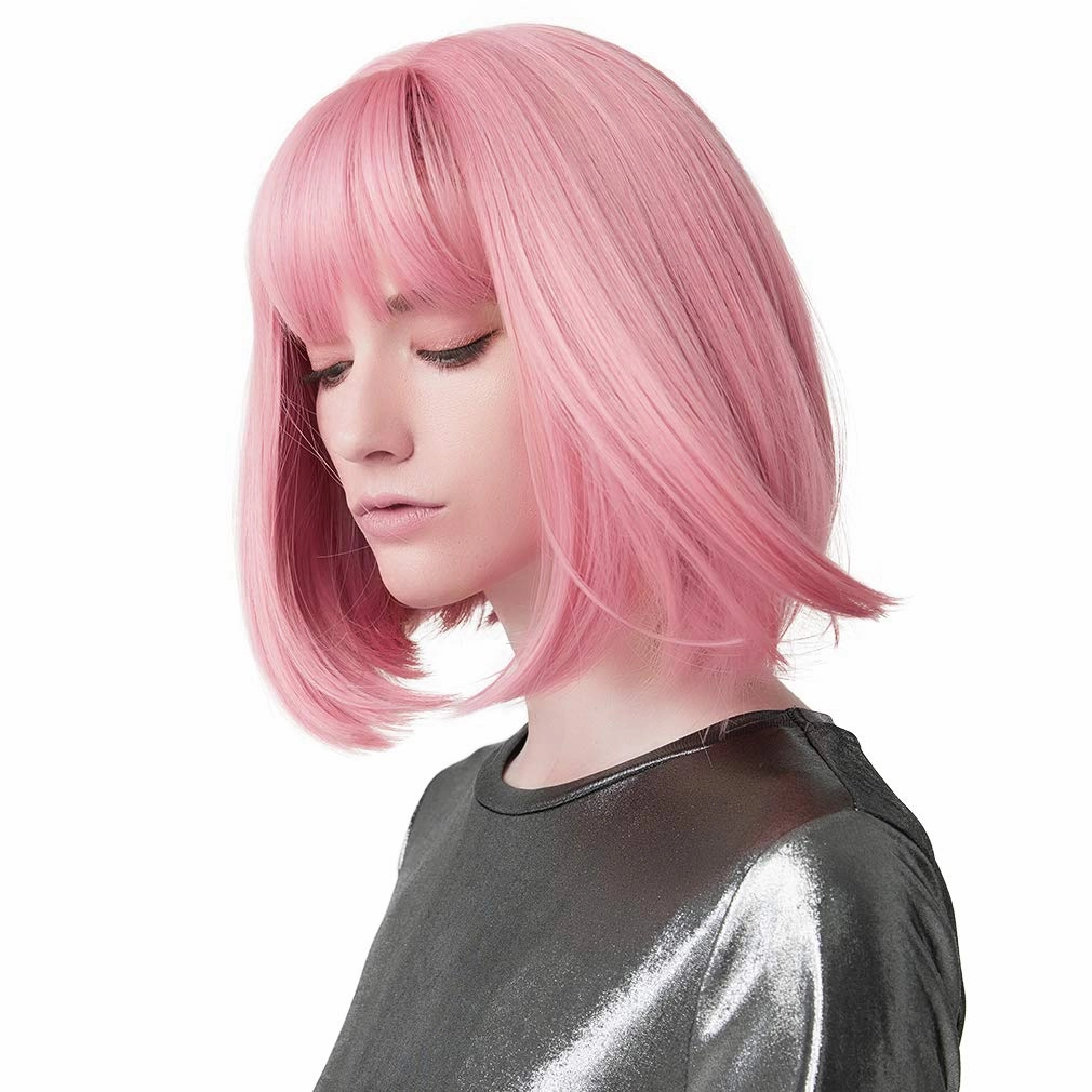 REECHO 11" Short Bob Wig with bangs Cosplay Synthetic Hair for White Black Women Color: Princess Pink