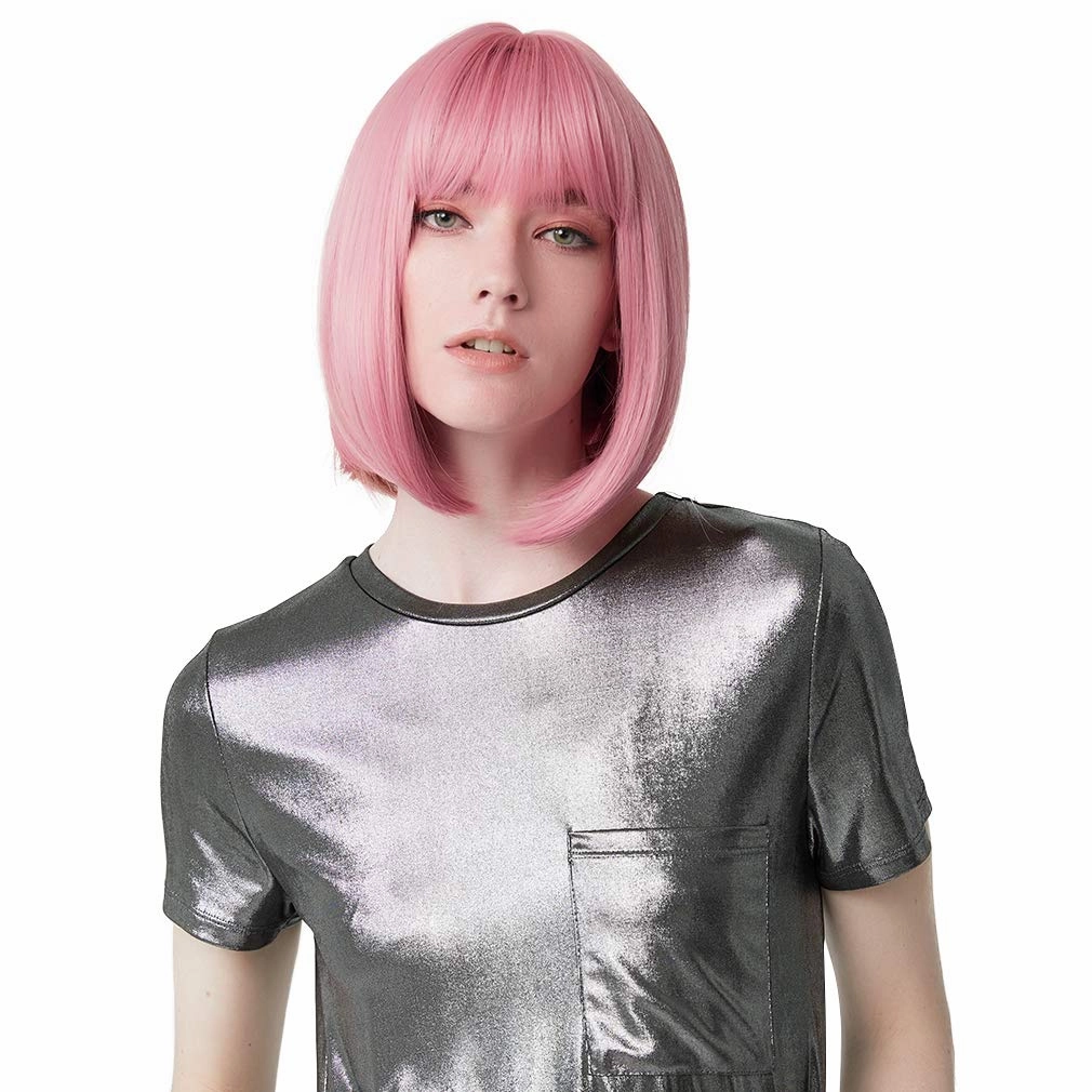 REECHO 11" Short Bob Wig with bangs Cosplay Synthetic Hair for White Black Women Color: Princess Pink