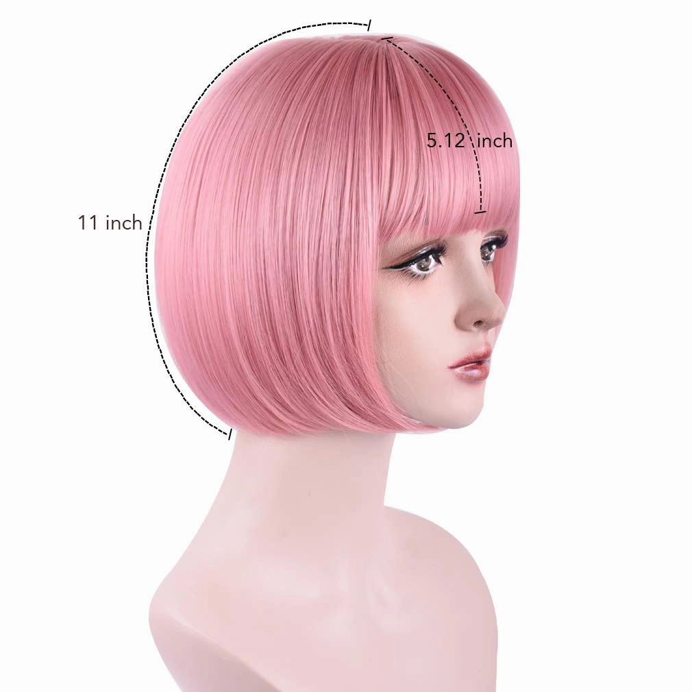 REECHO 11" Short Bob Wig with bangs Cosplay Synthetic Hair for White Black Women Color: Princess Pink