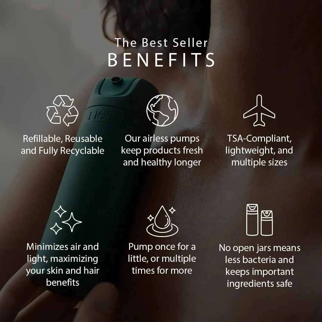 Refillable Toiletry Travel Bottles – Set of 5 (3.4oz & 1.7oz) Airless Pump Containers for Shampoo, Conditioner, Body, Face – Leak-Proof, TSA-Approved, Dishwasher Safe- Escapade Green with Gift Box