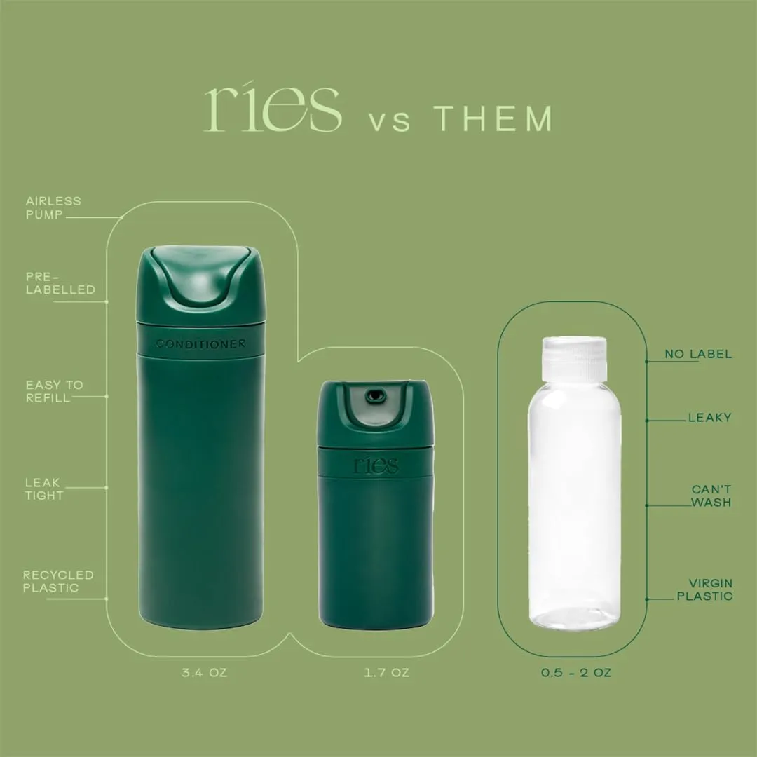 Refillable Toiletry Travel Bottles – Set of 5 (3.4oz & 1.7oz) Airless Pump Containers for Shampoo, Conditioner, Body, Face – Leak-Proof, TSA-Approved, Dishwasher Safe- Escapade Green with Gift Box