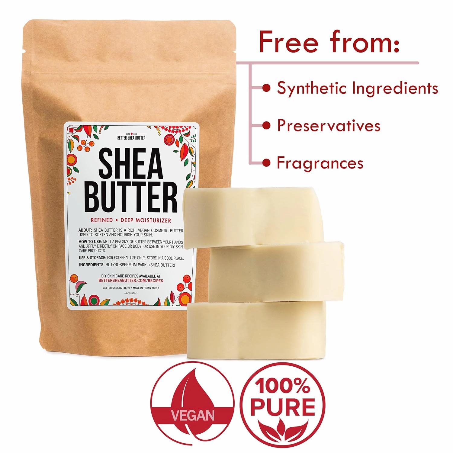 Refined Shea Butter Unscented - 100% Pure African Shea Butter for Hair & Dry Skin - Use for Soap Base, Face & Body Moisturizer, for DIY Whipped Body Butter & Lip Balm 8 oz Bar