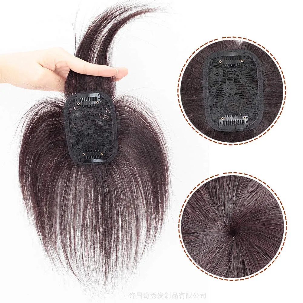 RemeeHi Human Hair Invisible Clip in Hairpiece Straight Toupee or Topper Wiglet Top Thin Hair On Mono 10 inch Reddish Brown