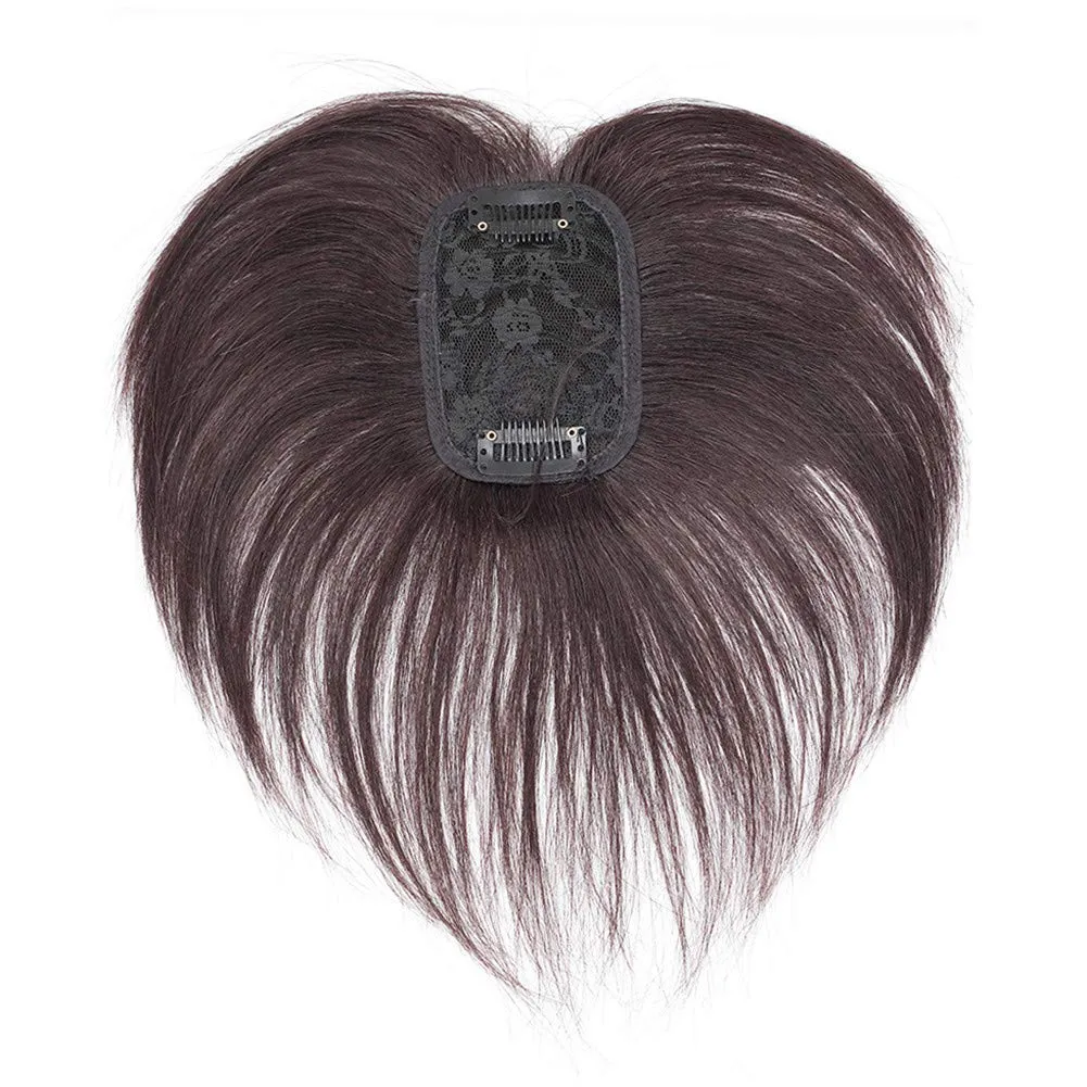 RemeeHi Human Hair Invisible Clip in Hairpiece Straight Toupee or Topper Wiglet Top Thin Hair On Mono 10 inch Reddish Brown