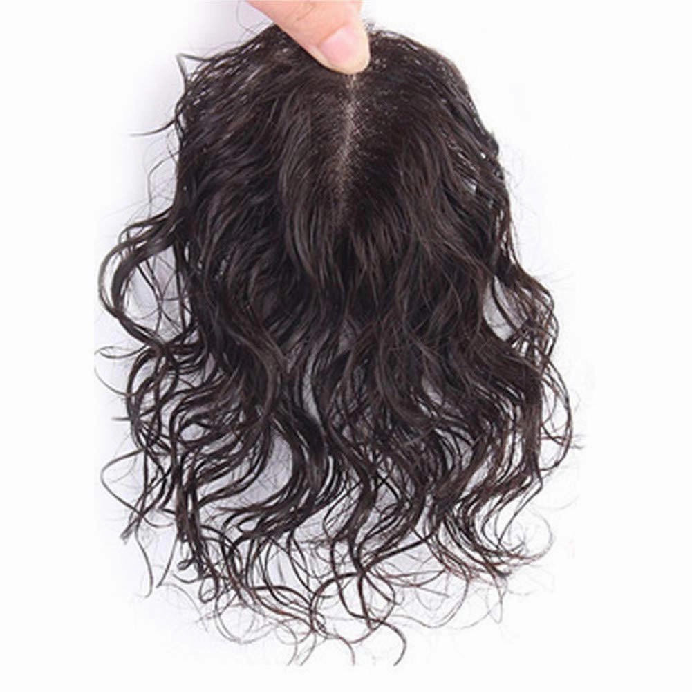 RemeeHi Remy Human Hair Curl Hairpiece Clip In Topper Hand Made Toupee Hair Topper Piece for Thinning Hair Free Part 7x10 Natural Color 30cm