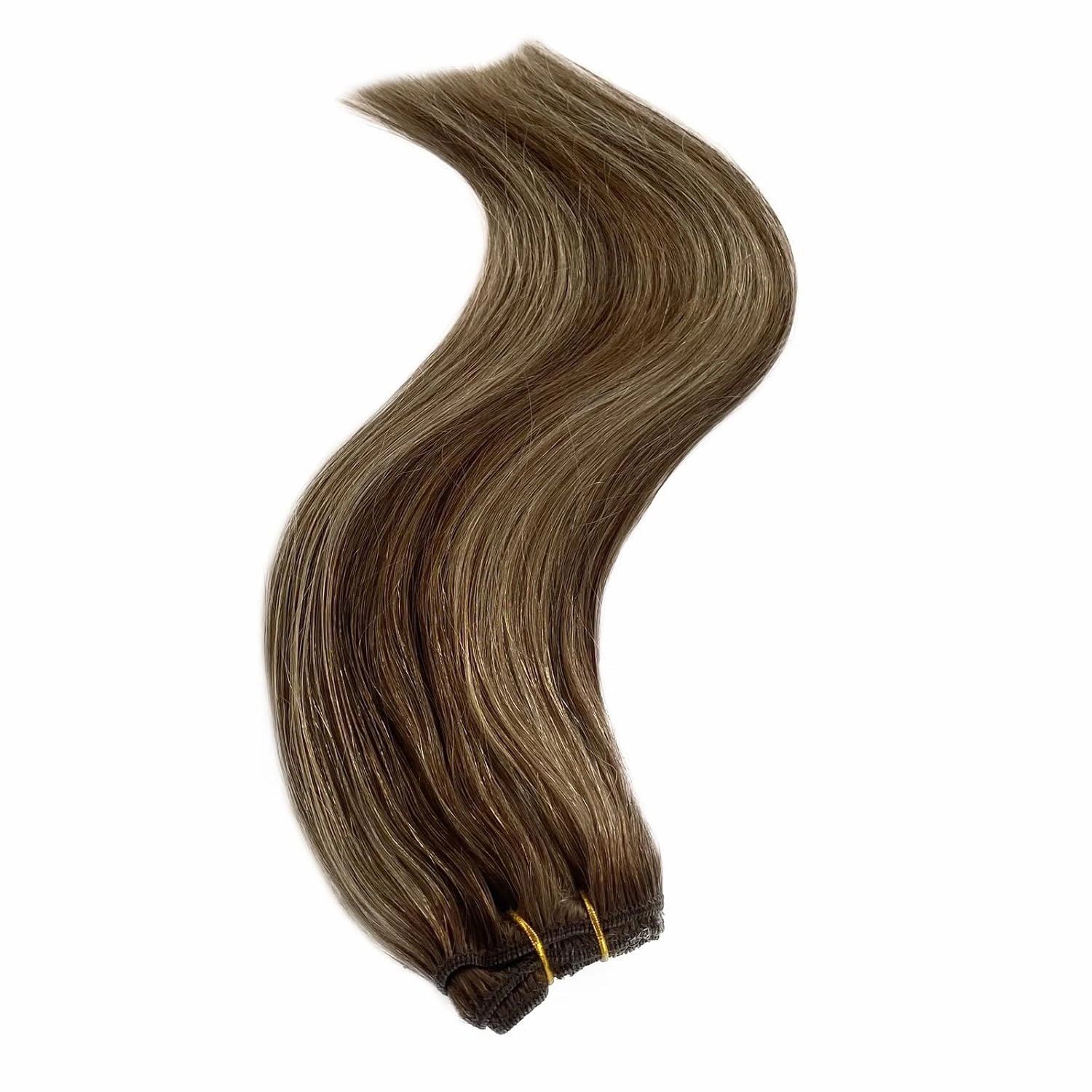 Remy Hair Extensions Clip ins - Chestnut Brown and Beige Blonde Highlights, Real Human Hair, Straight Double Weft, Brown Balayage Blonde, 18 Inches, 5pcs, 70g